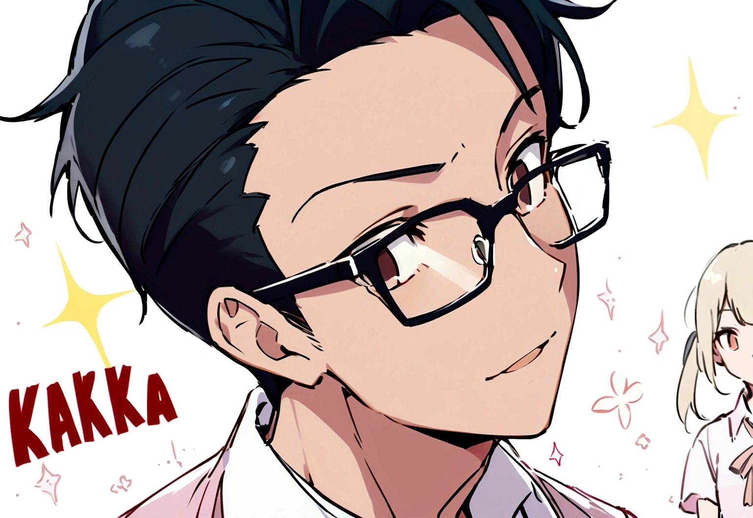 A boy with,black hair,dark brown eyes and black glasses, wearing a white polo,has light brownish skin,has swept back hair