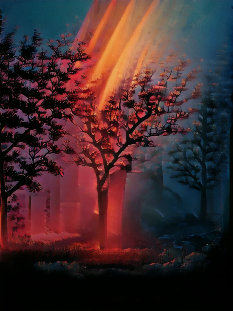 a red light shines on a tree in the dark forest at night time with a red light shining on the tree, Filip Hodas, octane renderer, a 3D render, neo-romanticism cinematic lighting, David Park, lights,