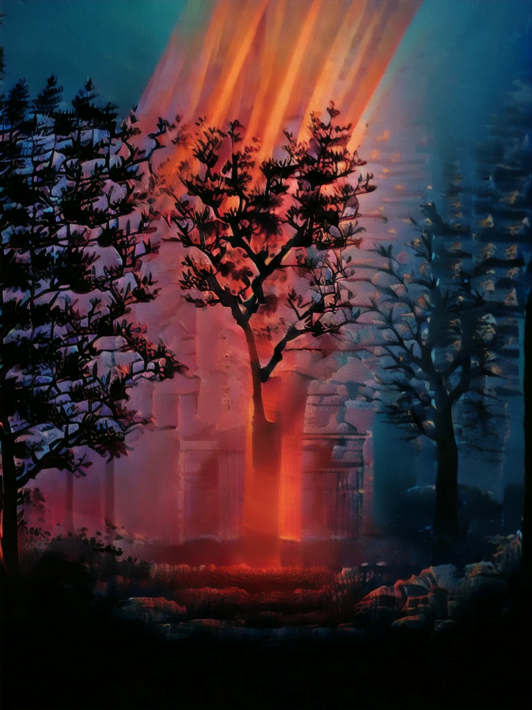 a red light shines on a tree in the dark forest at night time with a red light shining on the tree, Filip Hodas, octane renderer, a 3D render, neo-romanticism cinematic lighting, David Park, lights,