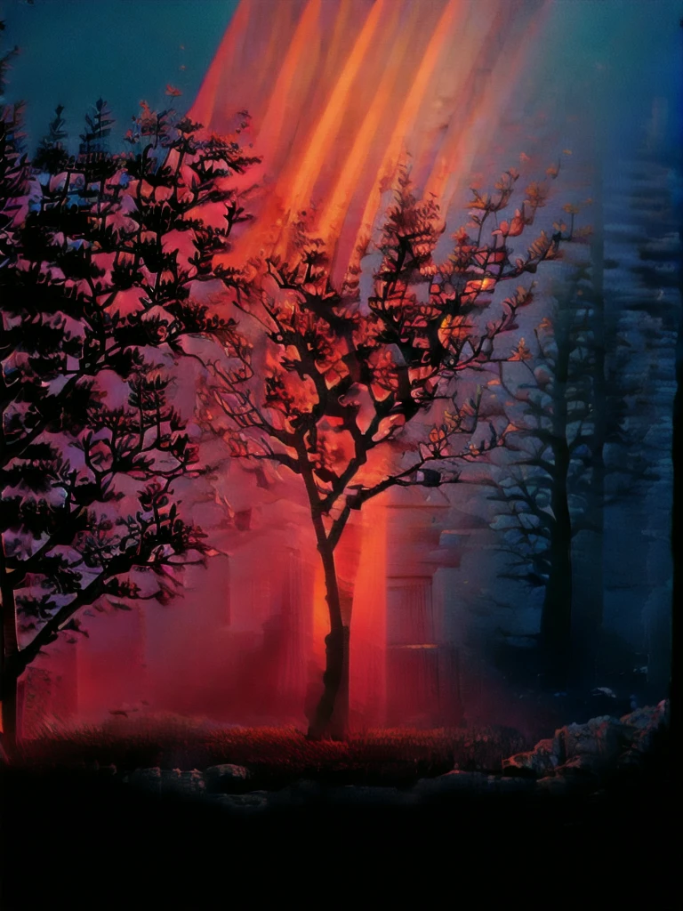 a red light shines on a tree in the dark forest at night time with a red light shining on the tree, Filip Hodas, octane renderer, a 3D render, neo-romanticism cinematic lighting, David Park, lights,