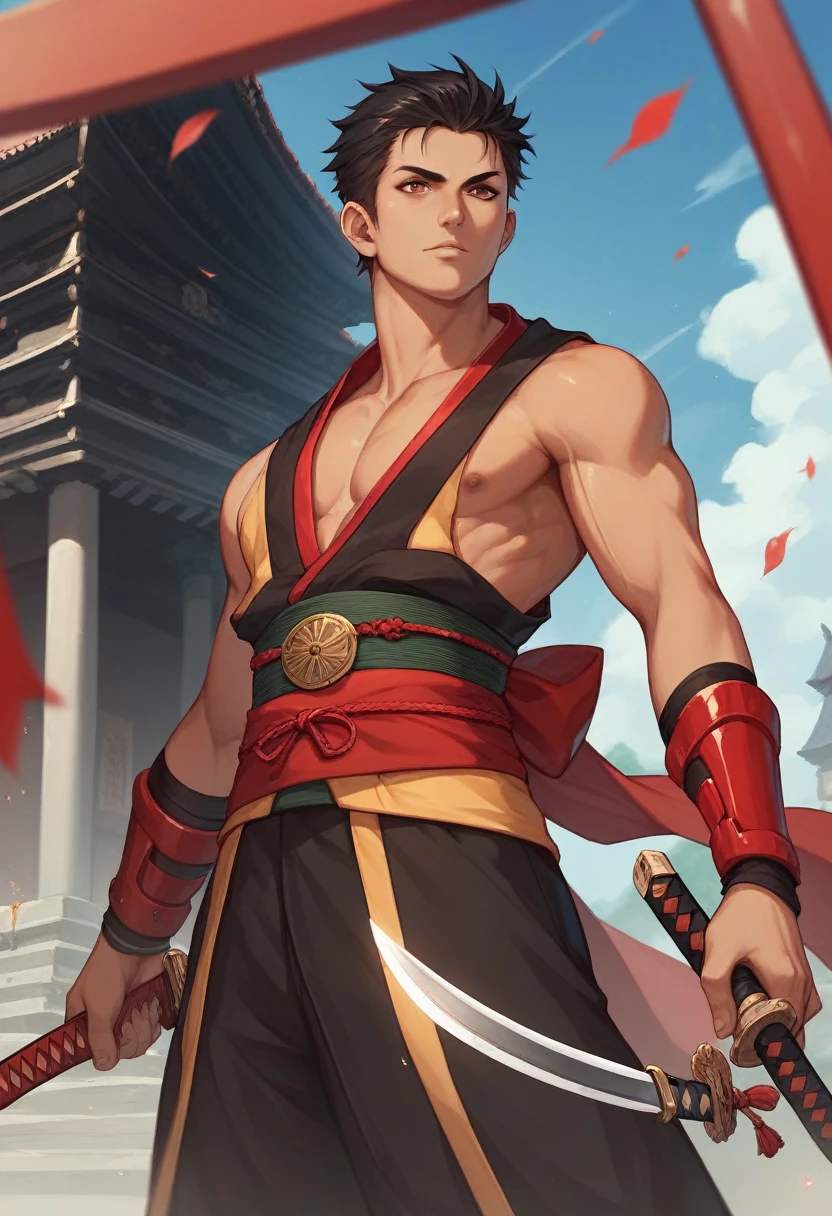 20-year-old (black man) Assassin wearing black, red arm braces, no hood red sash, black hair brown eyes in a temple, with a dagger in his left hand and a katana in his right hand
