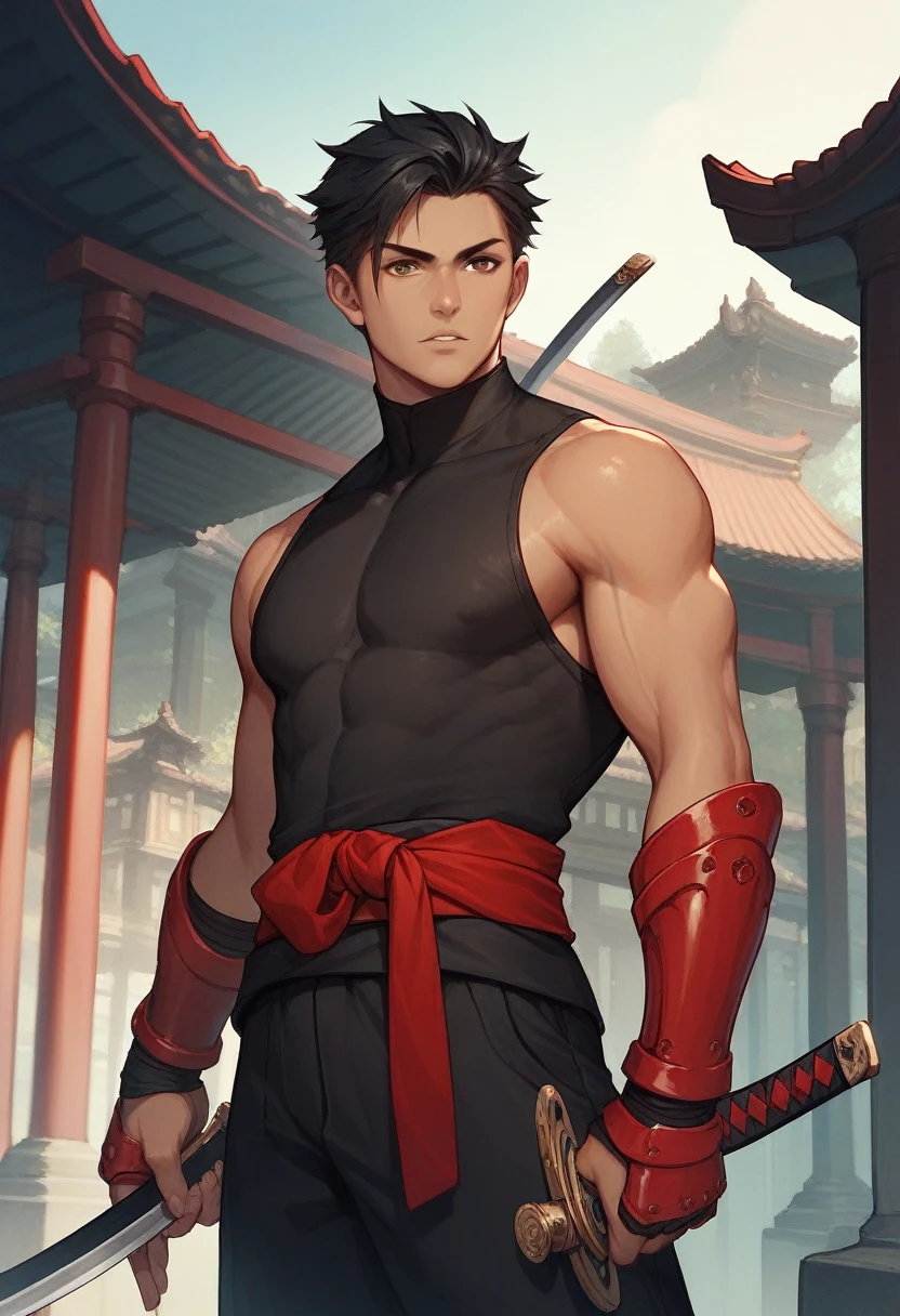  20-year-old (black man) Assassin wearing black, red arm braces, no hood red sash, black hair brown eyes in a temple, with a dagger in his left hand and a katana in his right hand