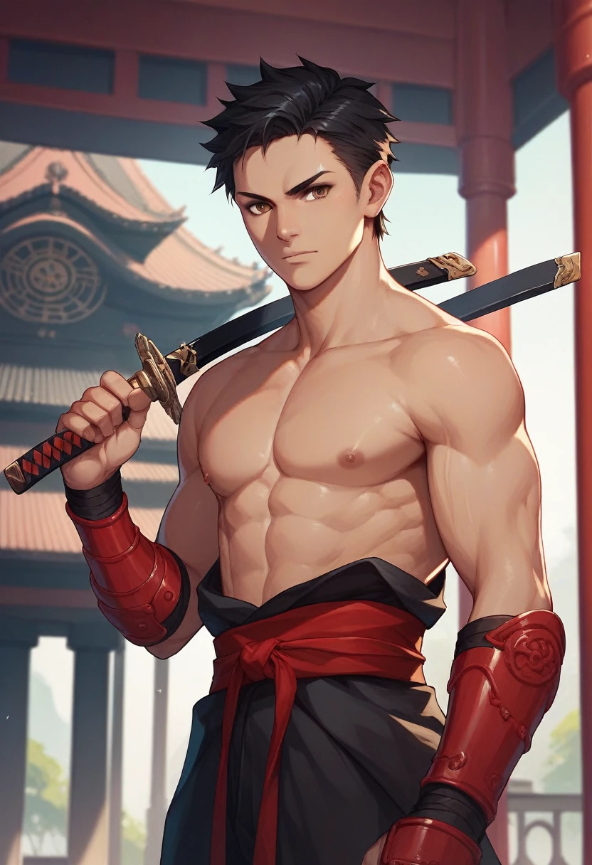 20-year-old (black man) Assassin wearing black, red arm braces, no hood red sash, black hair brown eyes in a temple, with a dagger in his left hand and a katana in his right hand