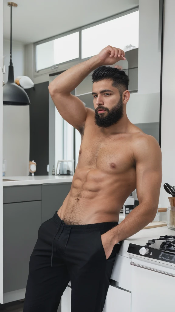Real image of a European Turkish model man with short black hair athletic body, short beard, shirtless, black pants, drinking coffee in a kitchen with a large window. natural daylight.