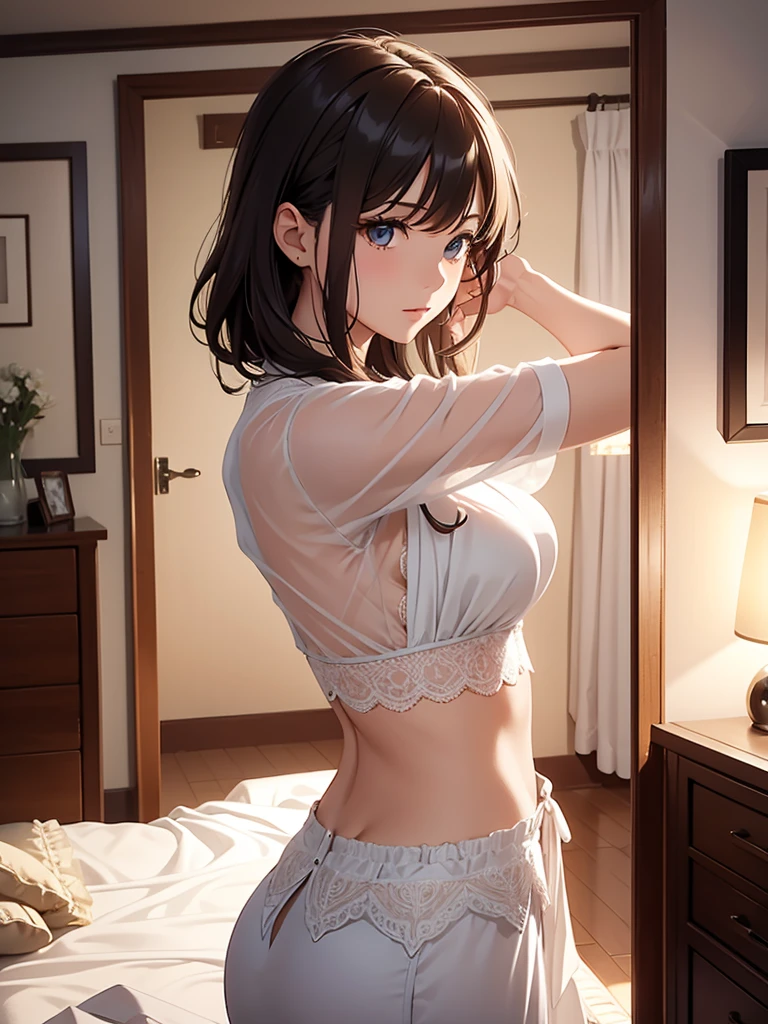 (masterpiece、top-quality、hight resolution), A scene of a married woman changing clothes. The camera focuses mainly on the upper body to capture the grace and elegance of her movements. She is not looking at the camera and seems to be either thinking or changing nonchalantly. The location is a private, brightly lit room with an everyday atmosphere. The entire scene conveys natural beauty and everyday intimacy.