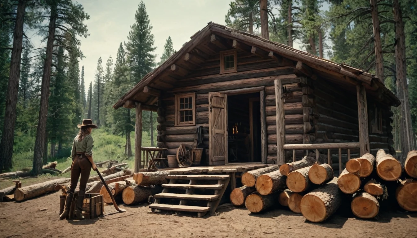 Create an image that illustrates this text: With a determination that surprised even herself, she began cutting trees, preparing logs and building the walls of a small cabin. old West. high definition cinematic image.
