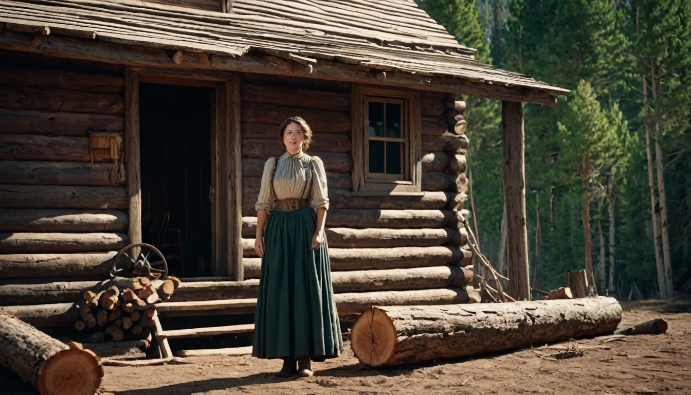 Create an image that illustrates this text: With a determination that surprised even herself, she began cutting trees, preparing logs and building the walls of a small cabin. old West. high definition cinematic image.