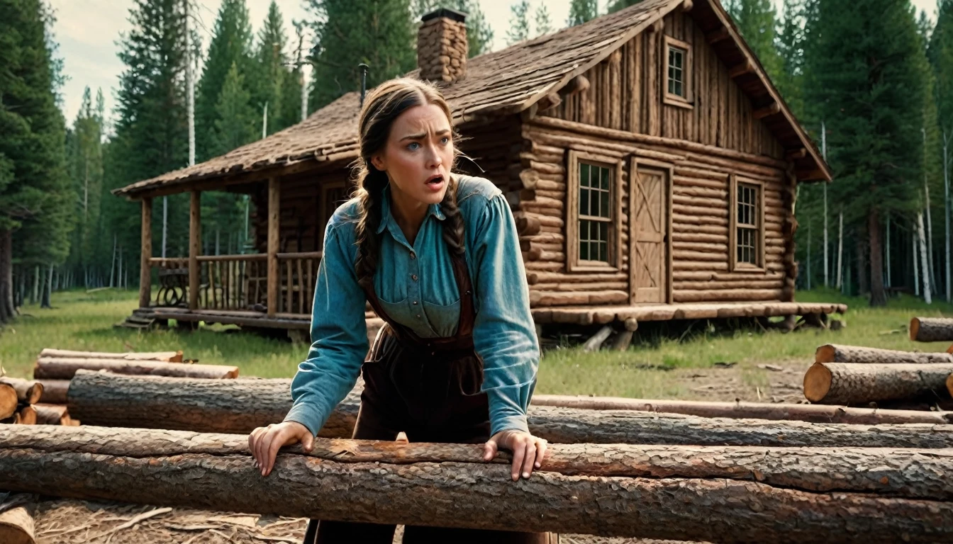 Create an image that illustrates this text: With a determination that surprised even herself, she began cutting trees, preparing logs and building the walls of a small cabin. old West. high definition cinematic image.