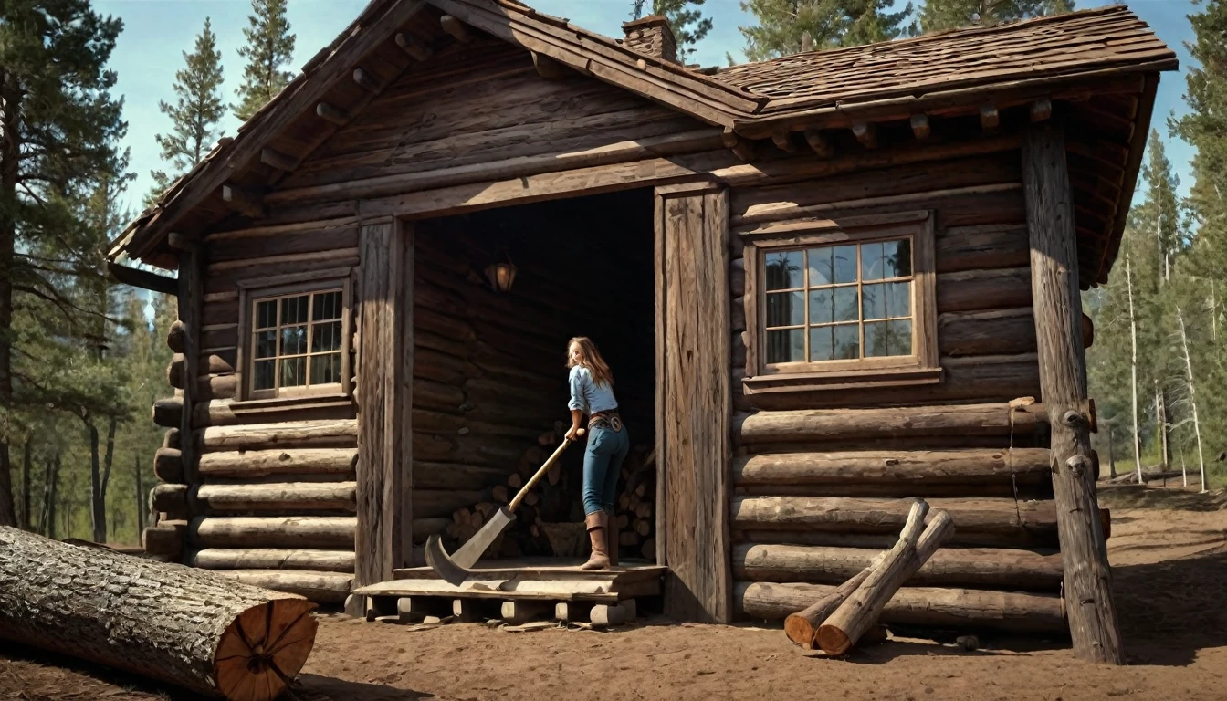 Create an image that illustrates this text: With a determination that surprised even herself, she began cutting trees, preparing logs and building the walls of a small cabin. old West. high definition cinematic image.