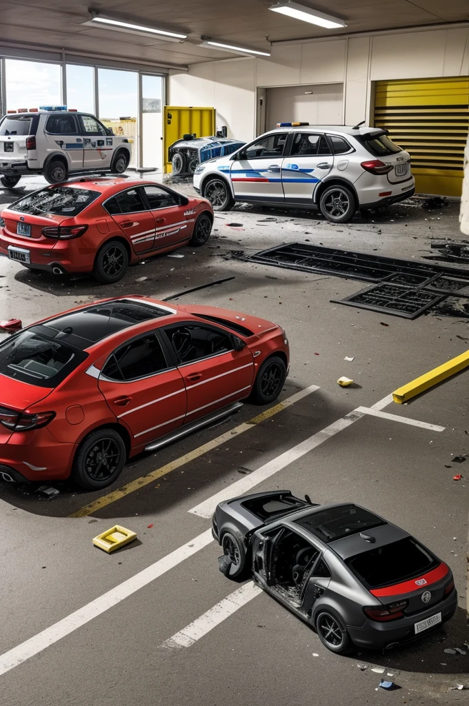 In this image a car will appear which will be damaged and an ambulance will be removing the injured from the scene., On the floor there will be many bottles of different brands and types of liquor