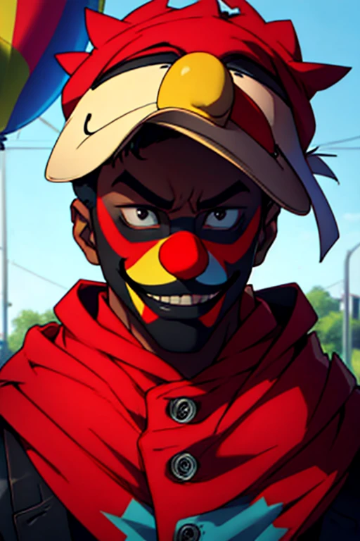 a black circus man who wears a clown mask on his face