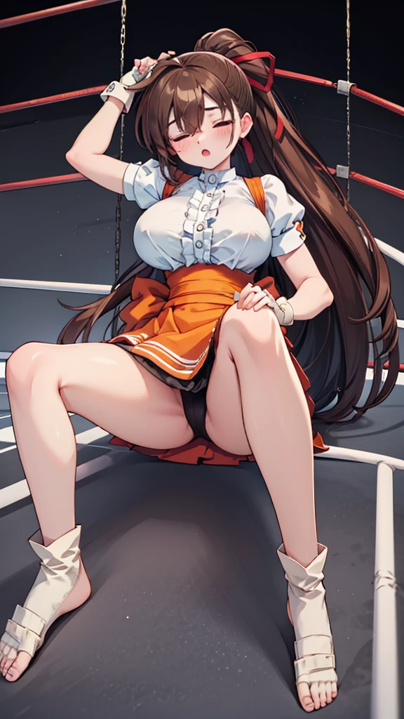 Highest quality,masterpiece,Lying down,sleep,レスリングのリングにLying down, WWE Divas,Wrestling Arena,Wrestling ring background, Boxing ring background, 胎児の姿勢で仰向けにsleep, Lack of stamina, Ryona, Hitting a girl, death is near,タケユカ 超ロングヘア ヘアribbon, Frilled shirt, Underbust, ribbon, Fingerless gloves, White gloves, Waist apron, Orange Skirt, socks, Toeless legwear,winner, Nice, winner, (Moaning , Open your mouth), ((Leaning on the ground, 仰向けにsleep, 地面にsleep, lose consciousness, Unconscious, Bend your knees,please lower your arms)), , ( Tilt your head),