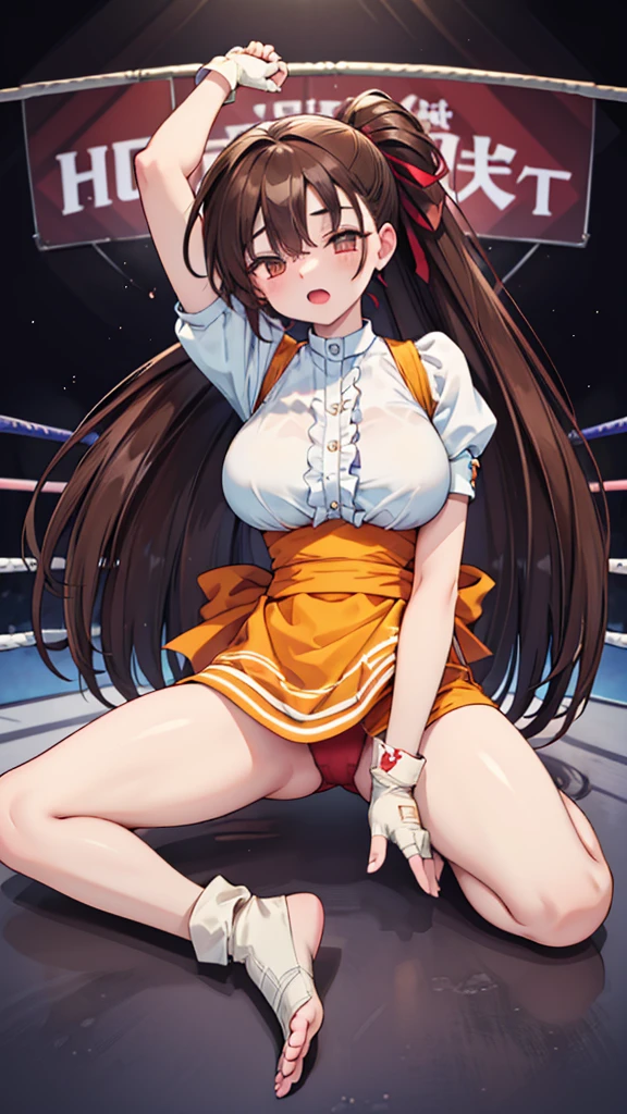 Highest quality,masterpiece,Lying down,sleep,レスリングのリングにLying down, WWE Divas,Wrestling Arena,Wrestling ring background, Boxing ring background, 胎児の姿勢で仰向けにsleep, Lack of stamina, Ryona, Hitting a girl, death is near,タケユカ 超ロングヘア ヘアribbon, Frilled shirt, Underbust, ribbon, Fingerless gloves, White gloves, Waist apron, Orange Skirt, socks, Toeless legwear,winner, Nice, winner, (Moaning , Open your mouth), ((Leaning on the ground, 仰向けにsleep, 地面にsleep, lose consciousness, Unconscious, Bend your knees,please lower your arms)), , ( Tilt your head),
