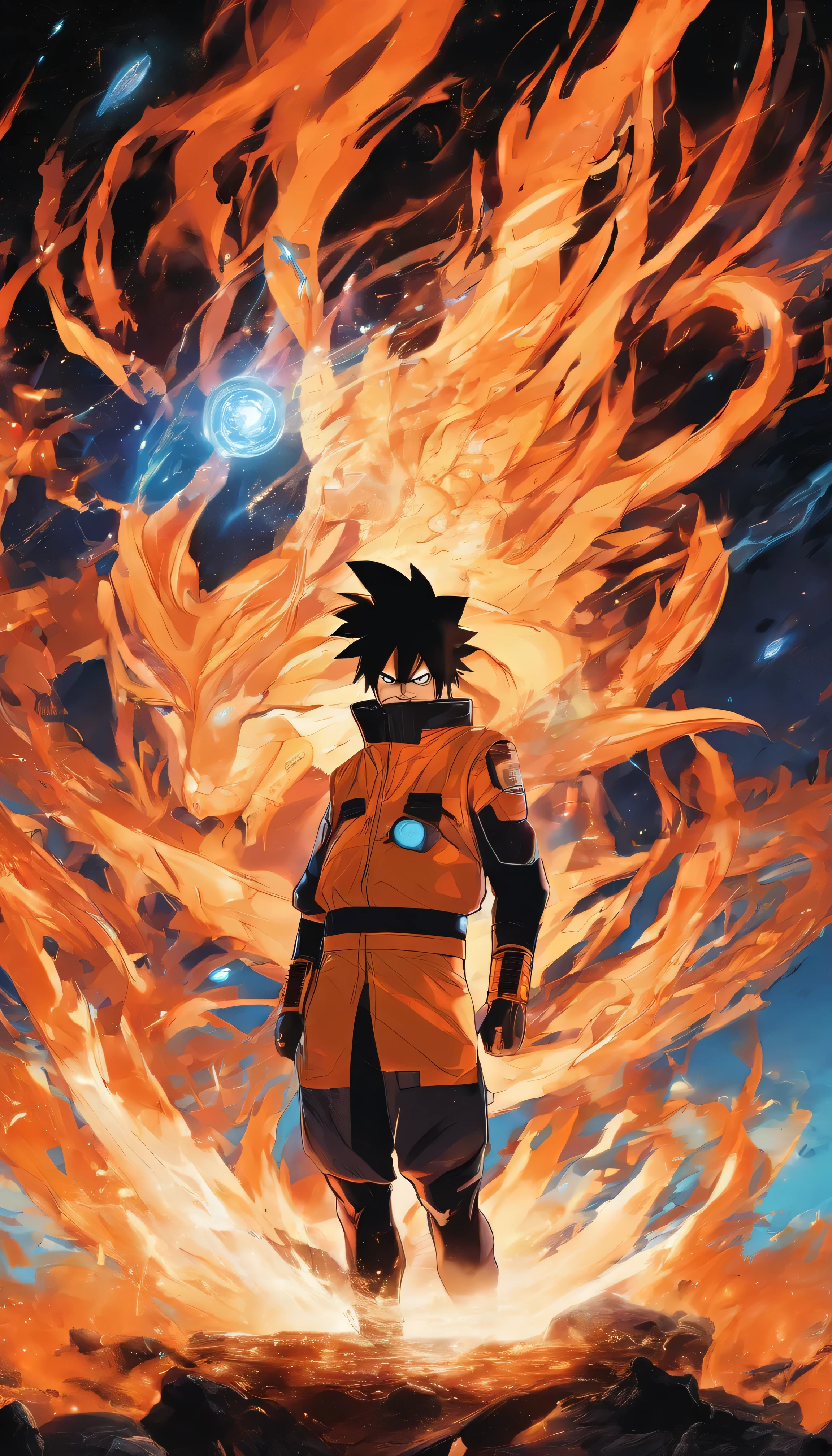 Naruto fighting sean in a dark nature...fire and blue light...attitude..action