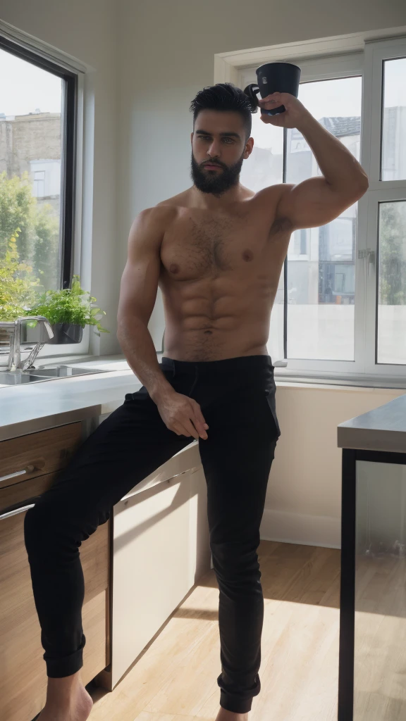 Real image of a European Turkish model man with short black hair athletic body, short beard, shirtless, black pants, drinking coffee in a kitchen with a large window. natural daylight.