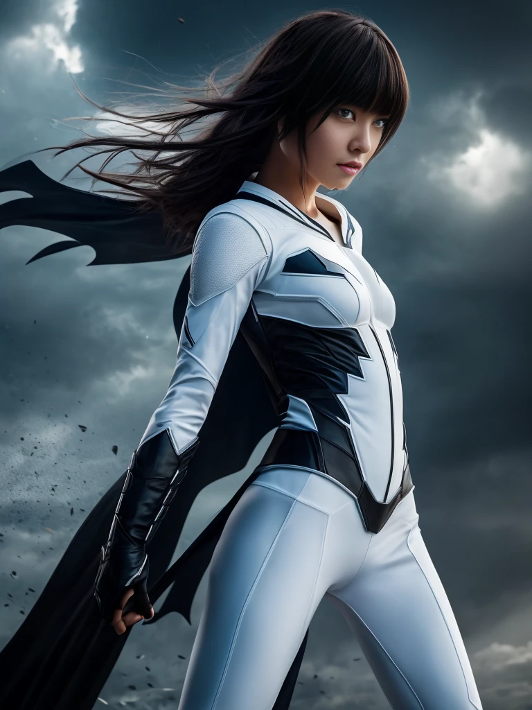 superhero, 19 years, modern super hero costume, white suit, white bat costume, style like the black mouse suit and the Batman suit, suit for girl, ninja, with a Chinese sword, Beautiful Chinese woman, Chinese woman with bangs, courageous character, Kind, Brave, determination, on the battlefield, atmospheric perspective, Motion blur, optical illusion, Dithering, 8K, super detailing, Best quality, uhd, high detail, DC стиль, DC вселенная