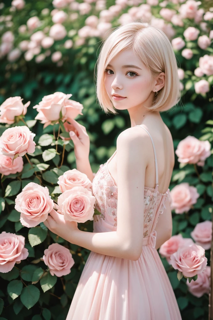 8K, RAW Photos, Fujifilm, Avril-like style photo of a beautiful young woman in a garden of pale pink roses (Highly detailed skin: 1.2) Style Petal Break Short Hair, Blonde and colored hair, Wearing a dress, Film Granulation, 35mm, Cute Style