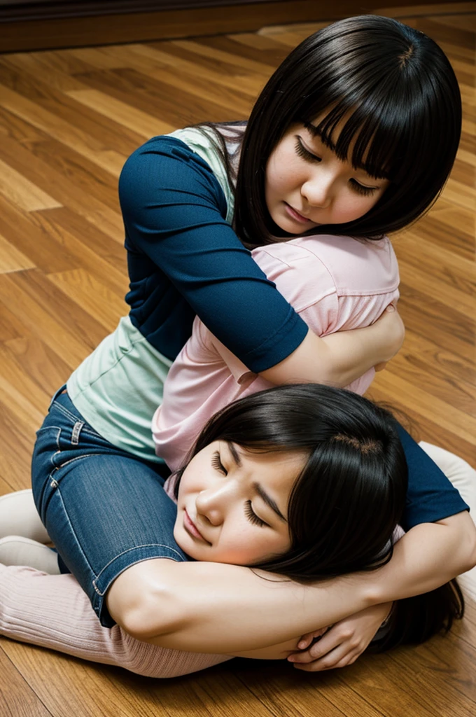 Anime mom, hugging daughter, on floor, in fear