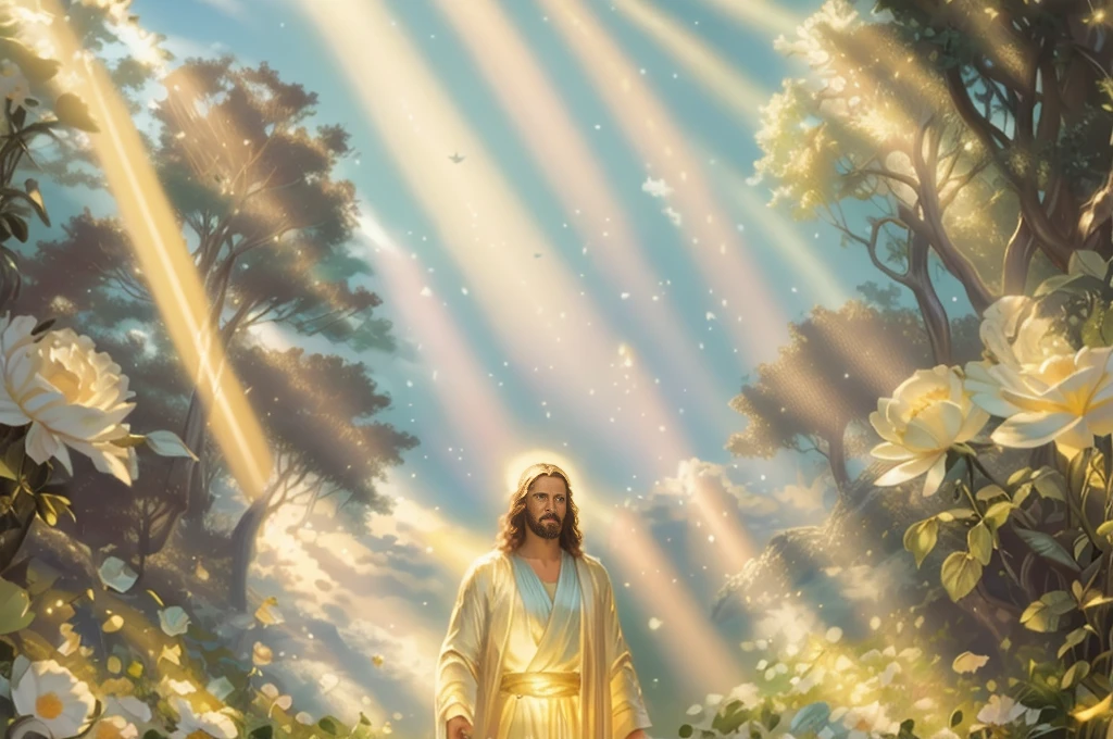 Jesus walking through a garden with a bright light shining through the sky, flourishing path to heaven, greg olsen, holy holy rays of light, holy rays of spiritual light, inspired by Christophe Vacher, heavenly light, radiant halo of light, heavenly lighting, Jon Mcnaughton, background art, majestic light, by Christophe Vacher, glowing god rays