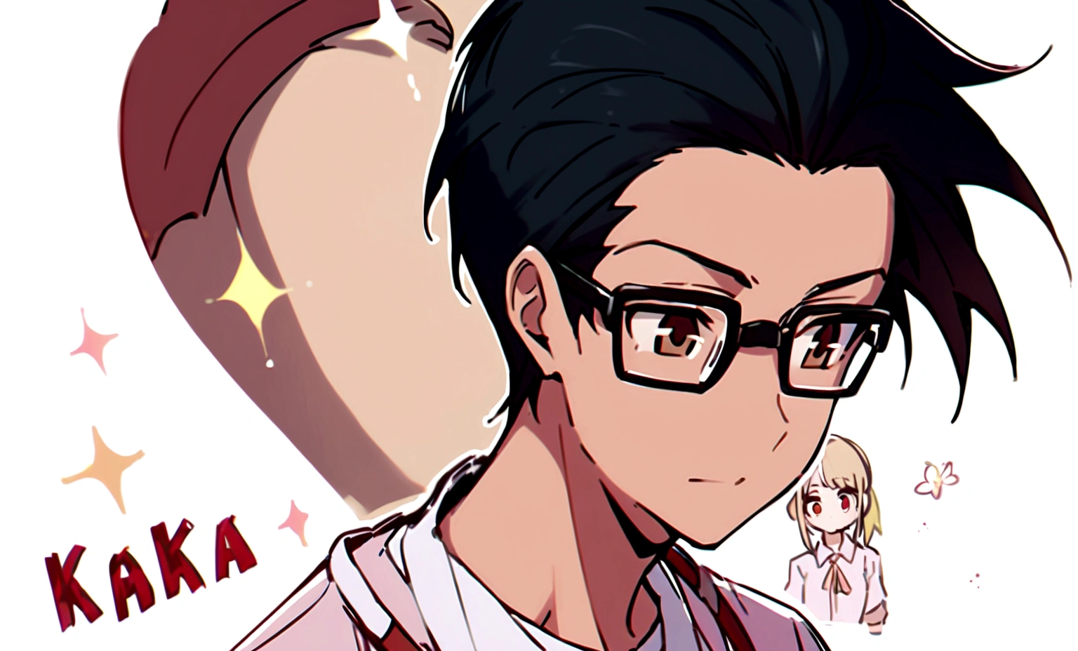 A boy with,black hair,dark brown eyes and black glasses, wearing a white polo,has light brownish skin,has swept back hair