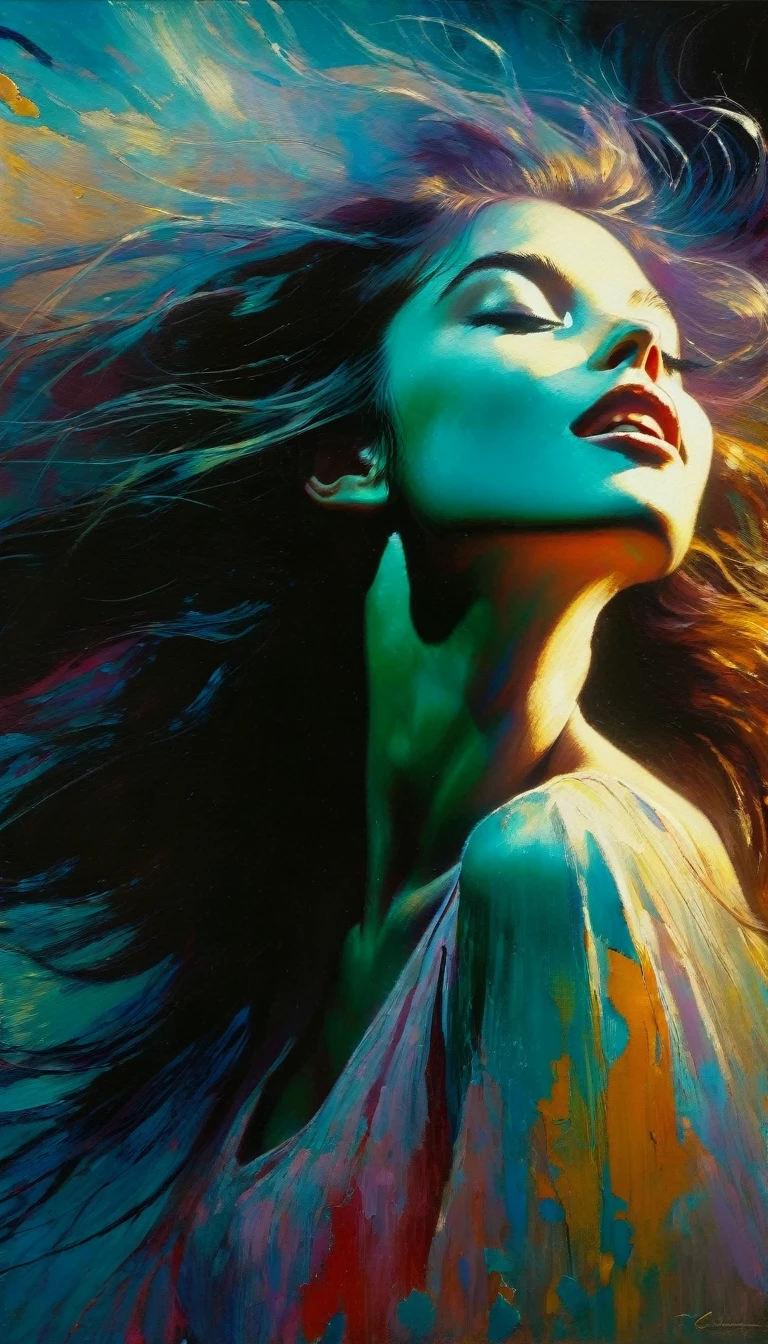 a girl in ecstasy, magical realism, (simple oil painting in a style to Bill Sienkiewicz), cinematic lighting, dramatic colors, detailed facial features, flowing hair, sensual pose, dreamlike atmosphere, ethereal, surreal, vibrant brushstrokes, textured canvas, chiaroscuro, moody, evocative, masterpiece