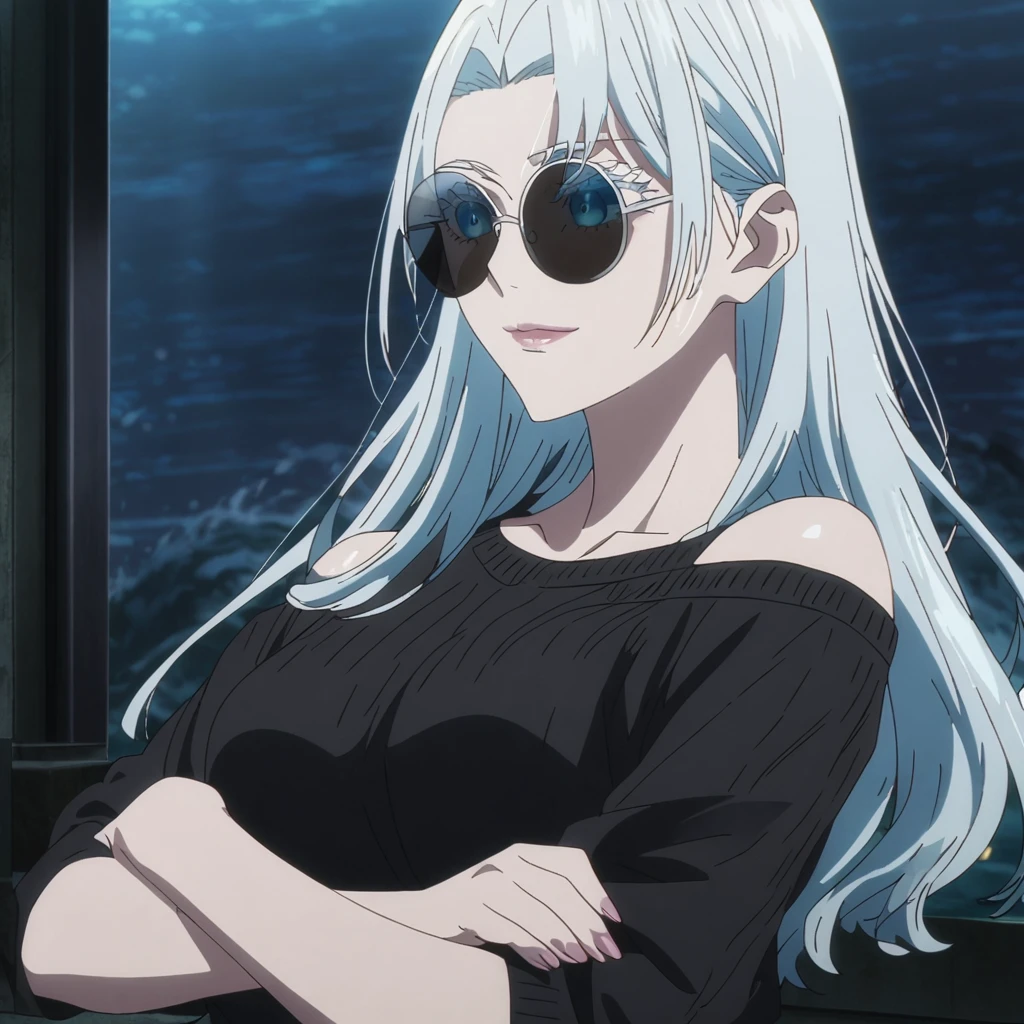 1girl, female gojo satoru, anime screencap from jujutsu kaisen, gojo satoru female version, solo, long_hair, ((smooth texture hair)) blue eyes, ((white eyelashes)), ((white_hair)), night view, breasts, upper_body, smile, indoors, book, bangs, blue_eyes, lips, (wearing round sunglasses) ((The hair has a "smooth" and "straight texture" with some gentle waves)) wearing black color sweater off the shoulder, breast, "very detailed and high resolution" (blue eyes) ((cross arms)) ((smooth texture hair)) ((solo)) ((high resolution)) ((upper body)) (Good quality) ((shiny hair))