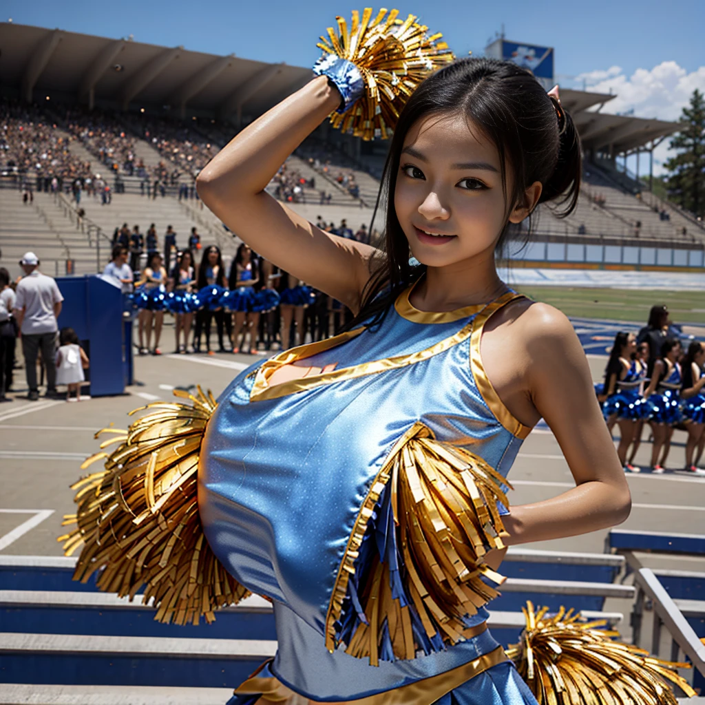 Highest quality,masterpiece,Ultra-high resolution, Very detailed, 8K,a beautiful Japanese woman:1.5, Small face, Black Hair, blunt bangs, Breast Augmentation Surgery, (Gorgeous cheerleader costume:1.5), Stadium seats、 Detailed very smelly armpits