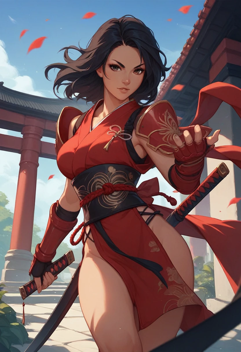 20-year-old (Dark skintone) Assassin wearing black, red arm braces, no hood red sash, black hair brown eyes in a temple, with a dagger in his left hand and a katana in his right hand