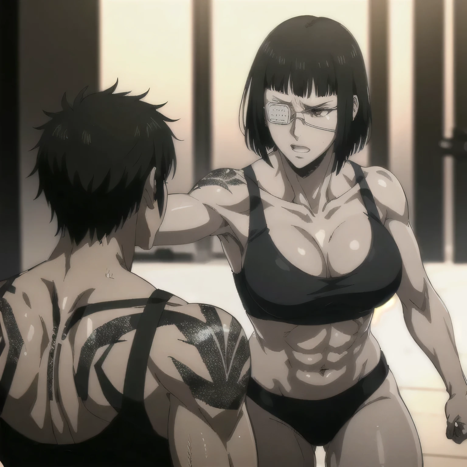 (best quality,ultra-detailed,realistic:1.37),musclaur military badass girl with sculpted body have a tattoos,wearing male underwear and tank top, full review of the female character's face and body, intense expression, strong and confident posture, studio lighting, vivid colors, physiologically-based rendering, grungy texture, rugged background, dust particles in the air, commanding presence, professional, powerful, gritty aesthetics,,Valmet،short hair,eyepatch,back from gym,Sweat,training,training pose,Sexual muscles,Muscle coordination