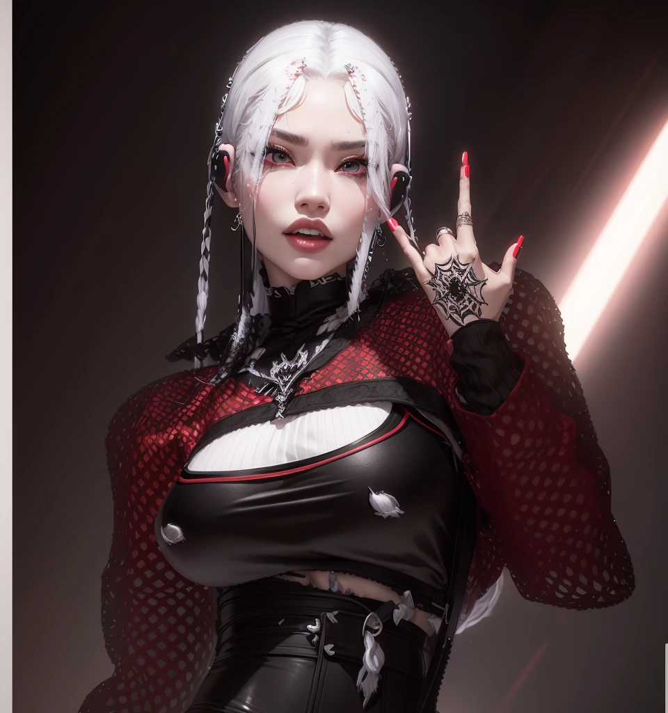 AVATAR SECOND LIFE Korean girl black and red blouse, Asian, White hair, White hair, White hair, Perfect and detailed face, imvu, maximalist details, AVATAR SECOND LIFE Korean blouse and pants , neon, White hair, skirt with ripped tights, Black Skirt