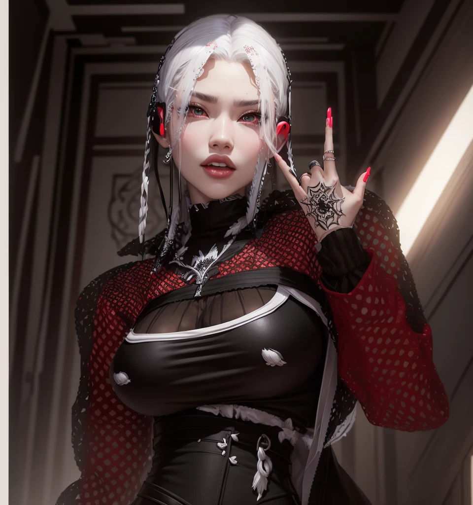 AVATAR SECOND LIFE Korean girl black and red blouse, Asian, White hair, White hair, White hair, Perfect and detailed face, imvu, maximalist details, AVATAR SECOND LIFE Korean blouse and pants , neon, White hair, skirt with ripped tights, Black Skirt