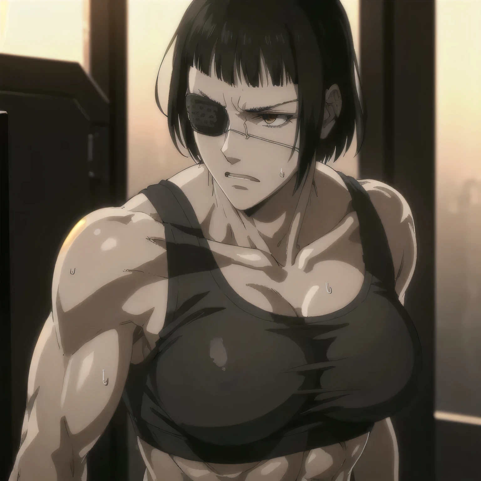 (best quality,ultra-detailed,realistic:1.37),musclaur military badass girl with sculpted body have a tattoos,wearing male underwear and tank top, full review of the female character's face and body, intense expression, strong and confident posture, studio lighting, vivid colors, physiologically-based rendering, grungy texture, rugged background, dust particles in the air, commanding presence, professional, powerful, gritty aesthetics,,Valmet،short hair,eyepatch,back from gym,Sweat,training,training pose,Sexual muscles,Muscle coordination