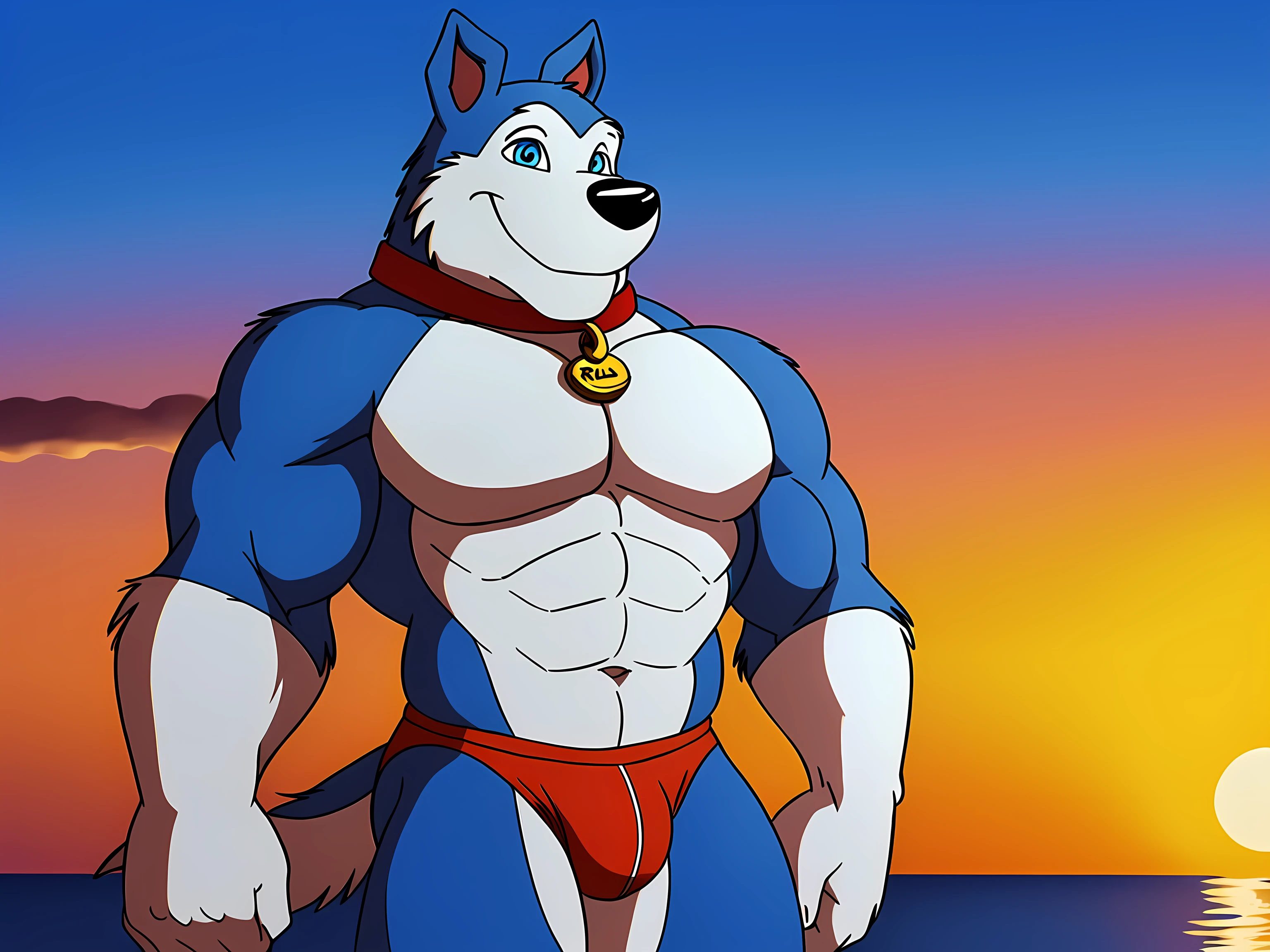 Exile (Road Rovers), blue fur, white fur, anthro body, pointy ears, dog, solo, half body, muscular, pectorals, red dog collar, pet tag coin, high quality, best resolution, cel shaded, (blue eyes, detailed eyes):1.1, sea background, clear sky, sunset, by wfa, by rossciaco, by seibear, by fabfelipe, red speedos, smile, happy, (cartoony proportions, big head):1.1, 