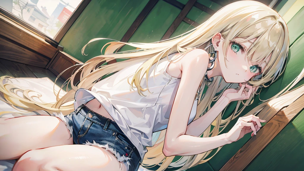 1young woman, long blonde hair, green eyes, silver hoop earrings wearing plain white shirt, denim shorts, small kyoto town, absurdres, high res, ultrasharp, 8K, masterpiece, looking at viewer