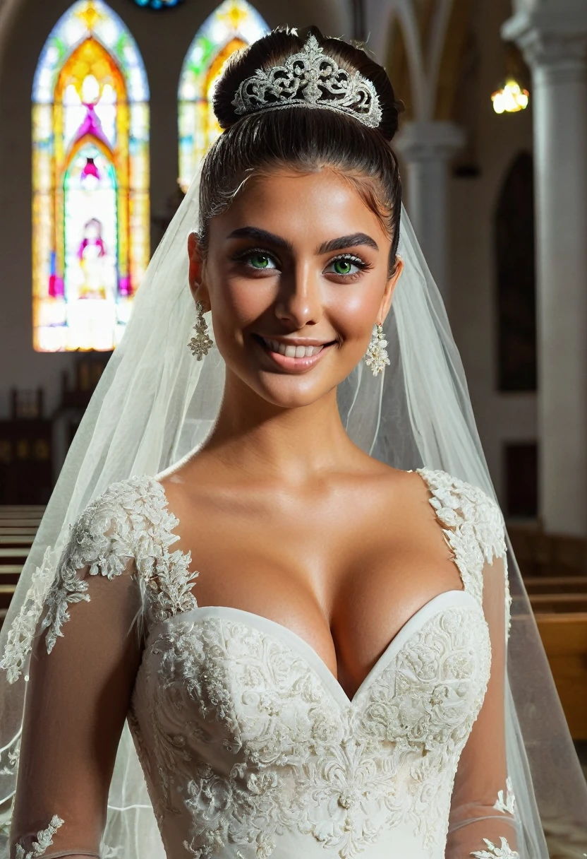 a 20 year old woman,guapisima,morena con los green eyes,high bun hairstyle,green eyes,provocative smile,perfect and sexy body,huge tits,She wears a luxurious wedding dress with a great neckline,is standing in a church,you see the full body