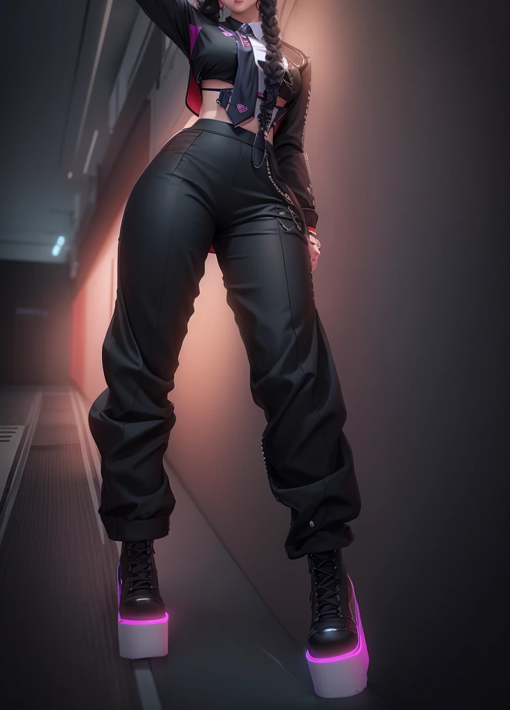 VATAR SECOND LIFE Korean girl wearing dress blouse with tie, Asian, Perfect and detailed face, imvu, maximalist details, AVATAR SECOND LIFE Korean blusa , neon, black sweatpants