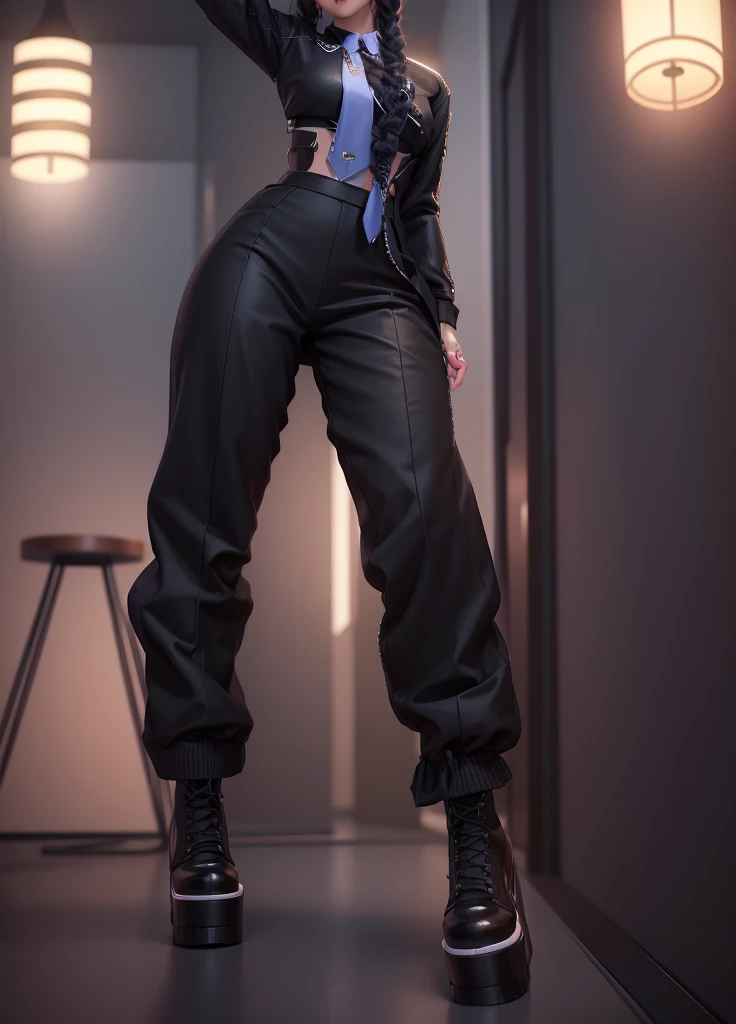 VATAR SECOND LIFE Korean girl wearing dress blouse with tie, Asian,  Perfect and detailed face, imvu, maximalist details, AVATAR SECOND LIFE Korean blusa , neon, black sweatpants