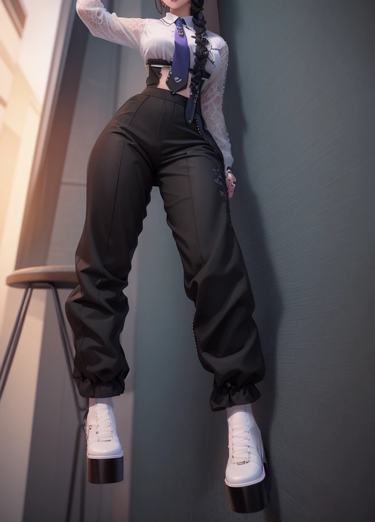 VATAR SECOND LIFE Korean girl wearing dress blouse with tie, Asian, Perfect and detailed face, imvu, maximalist details, AVATAR SECOND LIFE Korean blusa , neon, black sweatpants