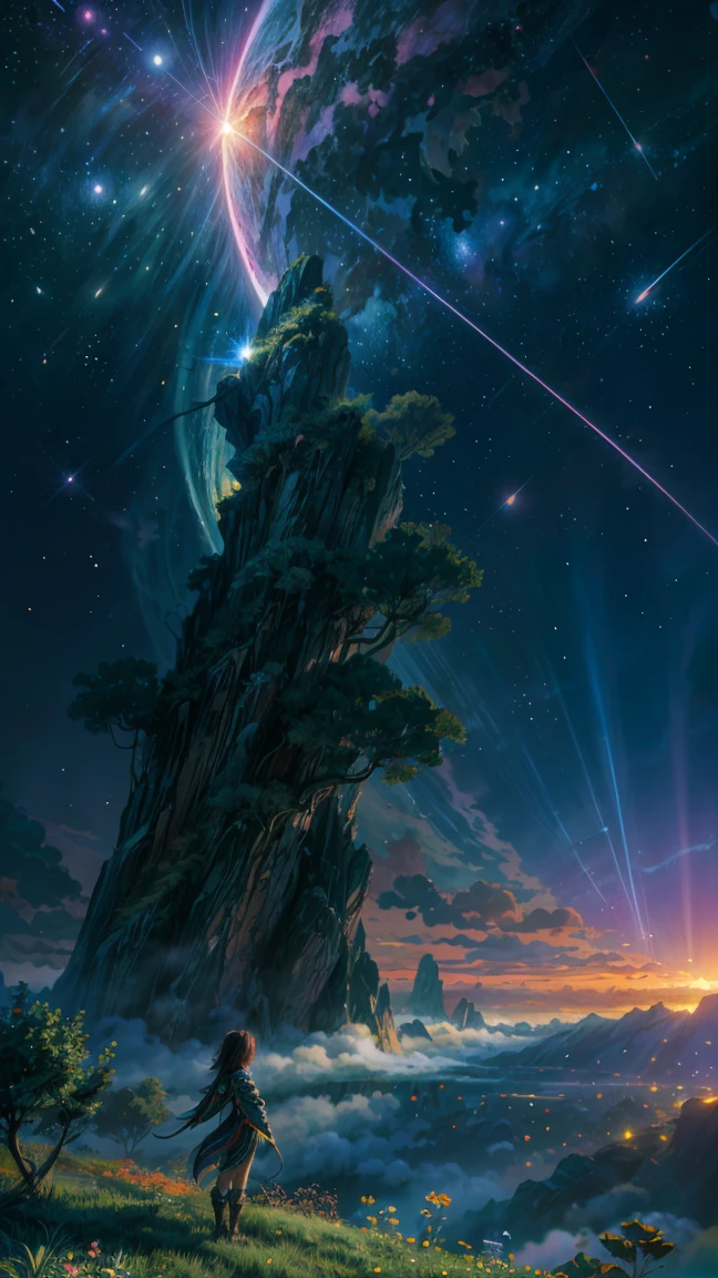 masterpiece, Concept Art, Panorama, in the center, shape, Wide Shot, flower 庭, night, (meteor), Space galaxy background, (Great composition, Epic scale), Dynamic Lighting, Bright colors, summer,Green tree,1 girl,Chinese style buildings