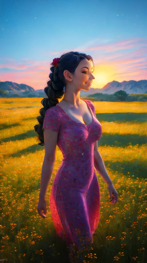 (best quality,4k,8k,highres,masterpiece:1.2),ultra-detailed,(realistic,photorealistic,photo-realistic:1.37),beautiful girl,gazing at the sunrise,sun rising in the east,enchanting warm dawn,golden-pink hues,freshness and transparency,illustration,dreamy scene,serene garden,soft morning light,blooming flowers,whispering gentle breeze,peaceful atmosphere,morning dew on green grass,sparkling water droplets,clear blue sky,birds singing in harmony,colorful butterflies dancing around,the girl's captivating eyes, long eyelashes,and flawless complexion,flowing golden wavy hair,fresh morning makeup,with rosy lips and bright smile,feminine floral dress,graceful posture,strolling among the blooming roses,twinkling sunlight filtering through the leaves,creating beautiful patterns of shadows,distant mountains painted with pastel colors,soothing sounds of nature,capturing the beauty of a new day,portraying the magic of sunrise in an exquisite painting
