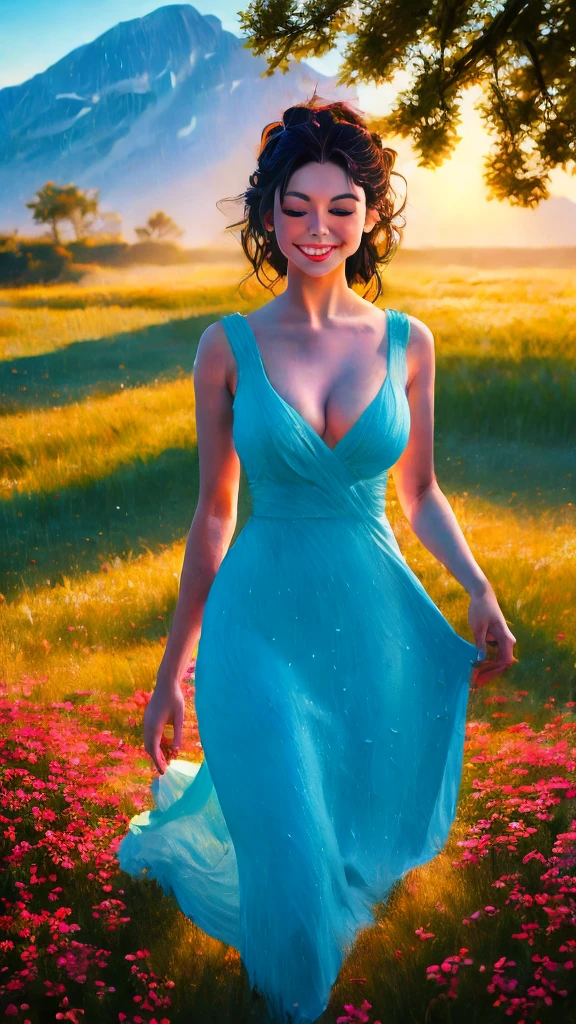 (best quality,4k,8k,highres,masterpiece:1.2),ultra-detailed,(realistic,photorealistic,photo-realistic:1.37),beautiful girl,gazing at the sunrise,sun rising in the east,enchanting warm dawn,golden-pink hues,freshness and transparency,illustration,dreamy scene,serene garden,soft morning light,blooming flowers,whispering gentle breeze,peaceful atmosphere,morning dew on green grass,sparkling water droplets,clear blue sky,birds singing in harmony,colorful butterflies dancing around,the girl's captivating eyes, long eyelashes,and flawless complexion,flowing golden wavy hair,fresh morning makeup,with rosy lips and bright smile,feminine floral dress,graceful posture,strolling among the blooming roses,twinkling sunlight filtering through the leaves,creating beautiful patterns of shadows,distant mountains painted with pastel colors,soothing sounds of nature,capturing the beauty of a new day,portraying the magic of sunrise in an exquisite painting