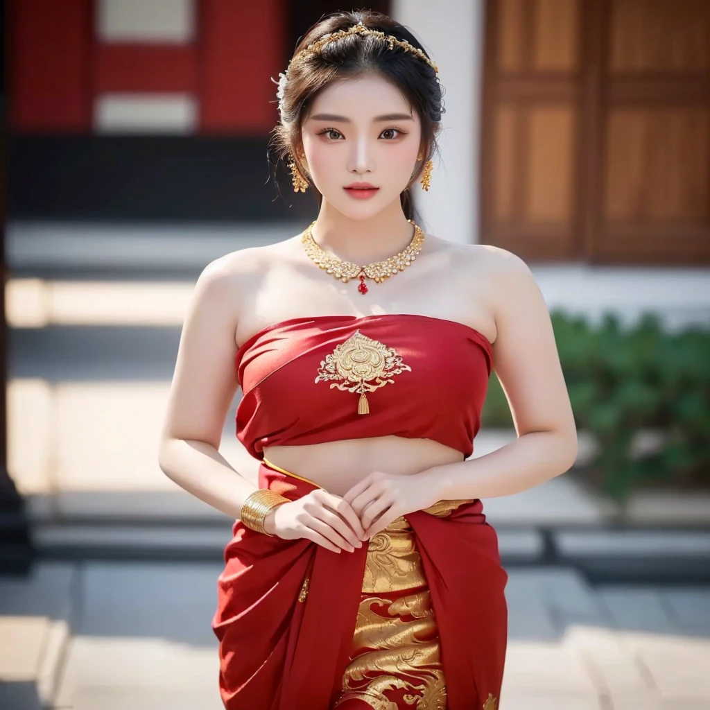 (ผู้หญิงlong hairชาวเอเชียตะวันออกเฉียงใต้ที่มีใบหน้ากลมหน้าอกขนาดใหญ่มาก วัดรอบอก 36 นิ้ว,)) Warm light, morning sun, long hair,black eyes,abdominal muscles, The body is beautiful and strong., thick hips, rounded chest, (digital painting, HDR, high contrast), 3d, 8K, 45,000,000 pixcls,Asian girl, Gorgeous Chinese model, Japanese model, asian womanที่สวยงาม, Japanese goddess, Very beautiful girl., beautiful young woman, very beautiful woman, Attractive and beautiful, sexy girl, Asian girl, beautiful female model, jaw-dropping beauty, Attractive, sexy, seductive face and body, A woman in a red dress and gold jewelry poses for a photo., traditional beauty, Sukhothai dress, Southeast Asia that has existed for a long time, traditional chinese, traditional, beautiful oriental woman, traditional tai costume, asian woman, Dilraba Dilmurat, Chinese style, Niwan Chandra, wear red dress, Wear luxurious jewelry., Inspired by Tang Di
