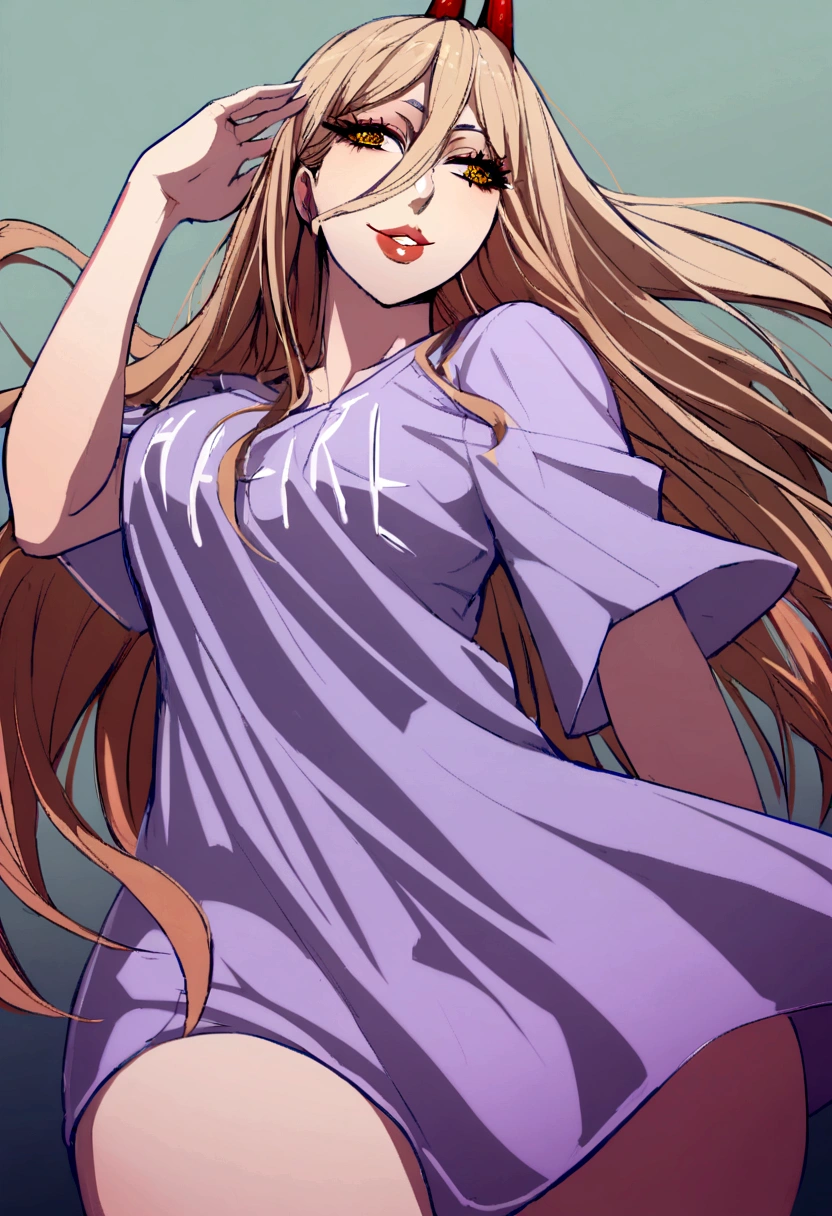 1 girl, smiling, wearing oversized purple shirt reaching mid-thigh, text "H a r l" .beautiful detailed eyes,beautiful detailed lips,vibrant color,.