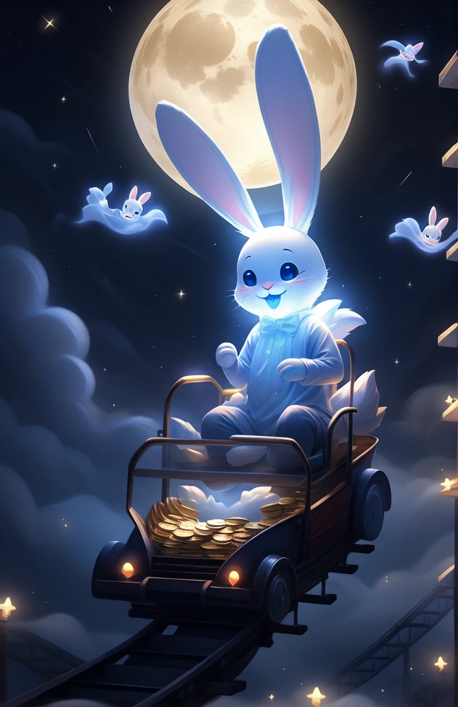 (((Ghost Bunny ))) Cute air creatures, Riding a roller coaster at night, Bitcoin, A lot of coins are falling, Moonlight,Magic in the air,Calm and peaceful atmosphere,Signs of fog in the distance,Great quality,Infinite photorealistic detail
