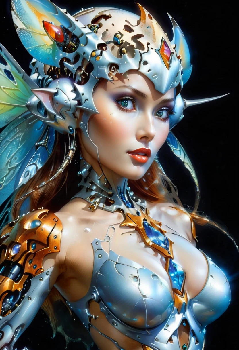 A beautiful fairy goddess, fairy queen in a biomechanical spaceship, outer space, retro futuristic, sci-fi, fantasy art, 80s fantasy movie style, frank frazetta style, detailed face,beautiful detailed eyes, beautiful detailed lips, extremely detailed face and eyes, intricate mechanical details, glowing cybernetic enhancements, ethereal flowing dress, dramatic lighting, vibrant colors, cinematic composition, masterpiece, 8k, photorealistic