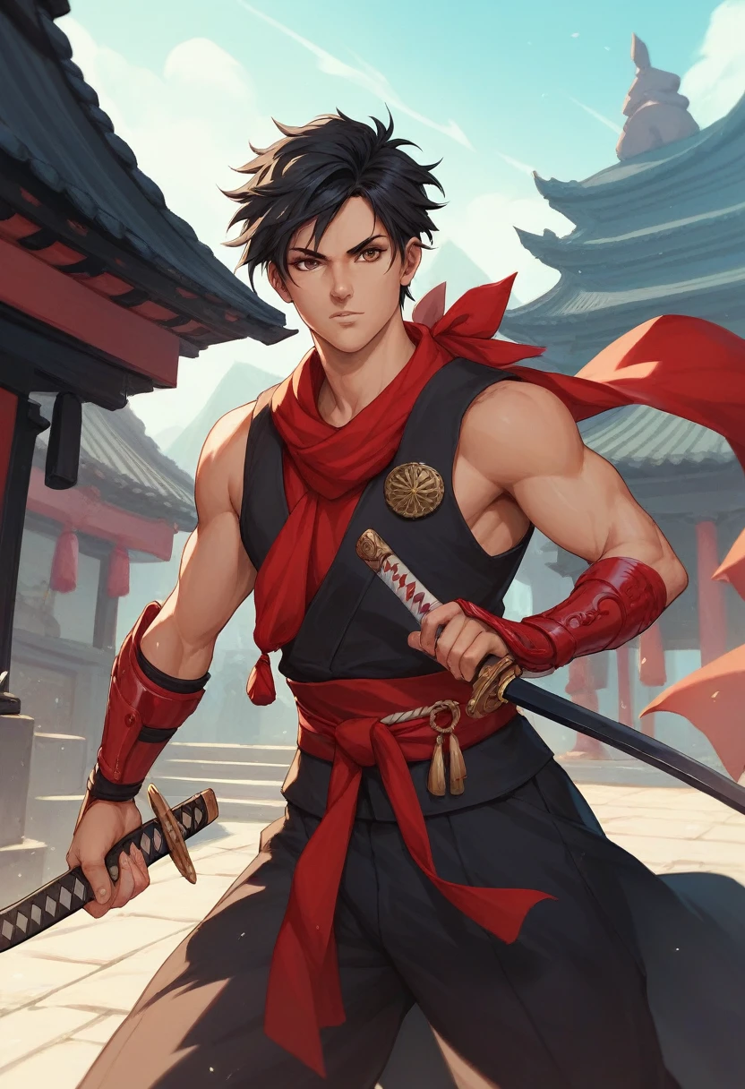  20-year-old (Dark skintone man) Assassin wearing black, red arm braces, no hood red sash, black hair brown eyes in a temple, with a dagger in his left hand and a katana in his right hand