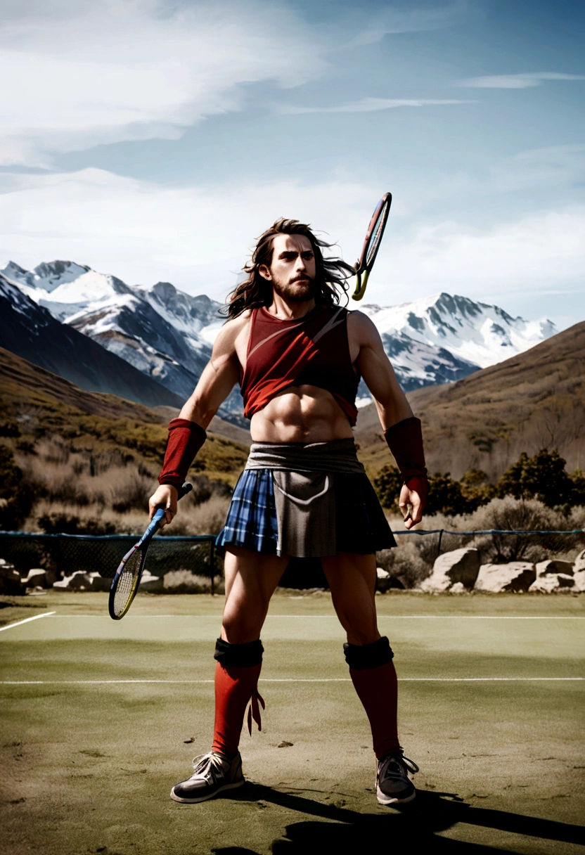 "Create an image of a Braveheart-style Scottish warrior, with a rugged appearance and traditional warrior attire, facing off against a tennis player who resembles Stefanos Tsitsipas. The setting is a dramatic, open landscape, with the warrior holding a shield and a sword, while the tennis player holds a tennis racket. The mood is intense but non-violent, highlighting the contrast between their appearances and sports."
I'll generate this image now.