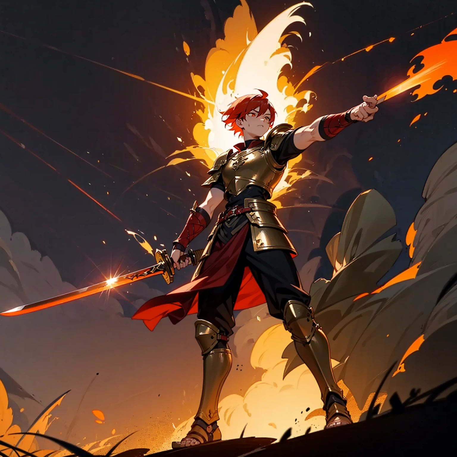 1boys, Full body version, orange eyes, undercut hair, red colour hair, very angry expression, gladiator clothing, short sleeve shirt, gladiator skirt, gold big armor body, bodybelt, gladiator sandals, Spatha sword in hand, (war gesture), Grassroots background in war, Full background, night, moonlight behind, moonlight silhouette, explosion, fire, fire background, blood on face, blood on sword, blood on armor, fire sword