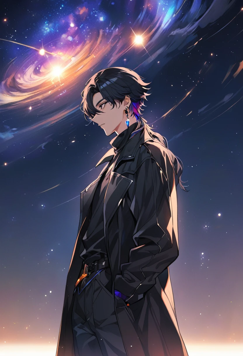 a , he wears galaxy colored earrings, he looks so mysterious, He was dressed in a black shirt with his black coat hanging over his shoulder, he looking at the sky. Manhwa style.