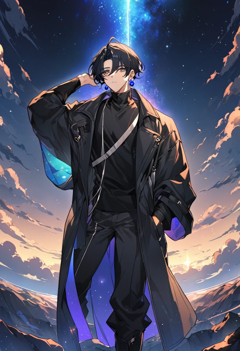 a , he wears galaxy colored earrings, he looks so mysterious, He was dressed in a black shirt with his black coat hanging over his shoulder, he looking at the sky. Manhwa style.   